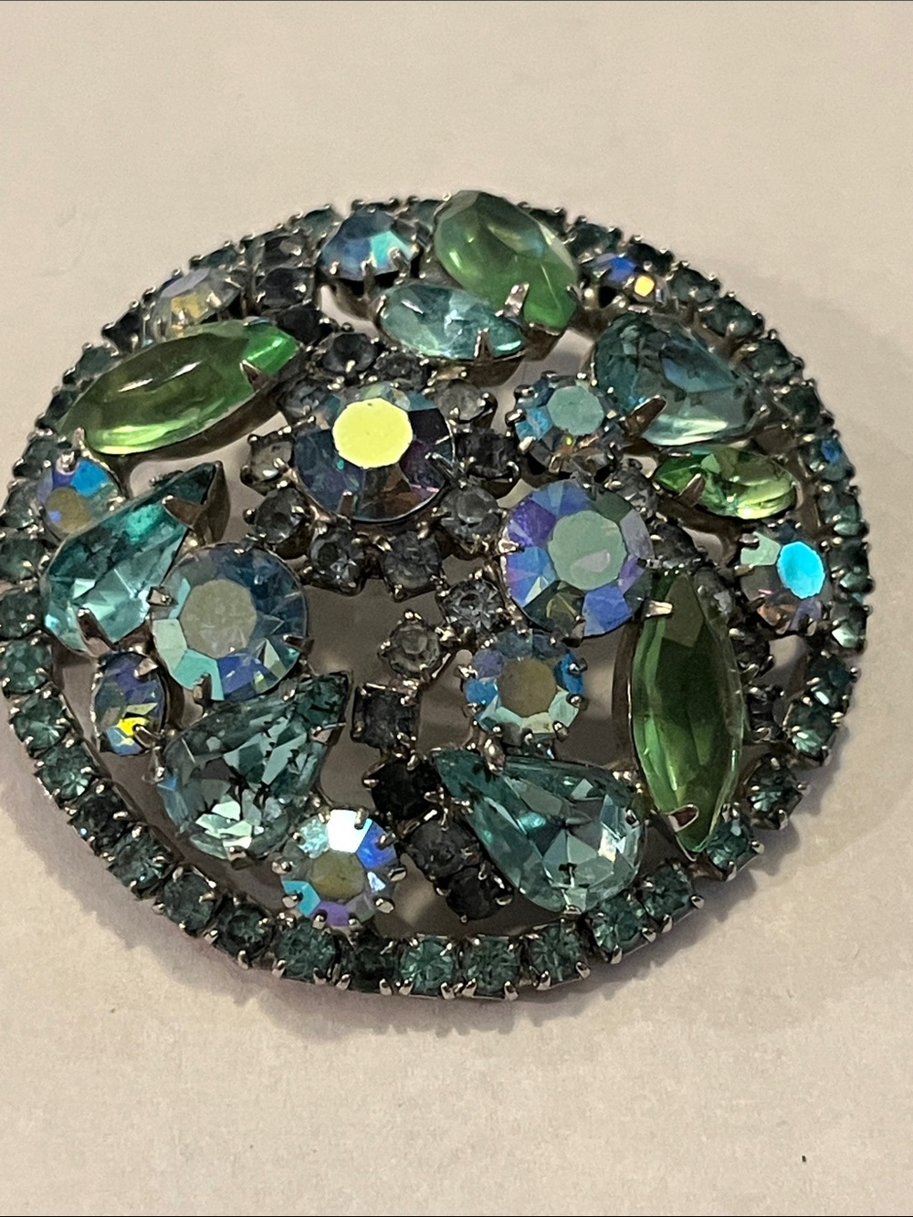 Mid-century Albert Weiss signed Green Teal Crystal Round Brooch
